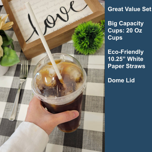 20oz Crystal Clear Plastic Cups With Dome lids and Paper Straws