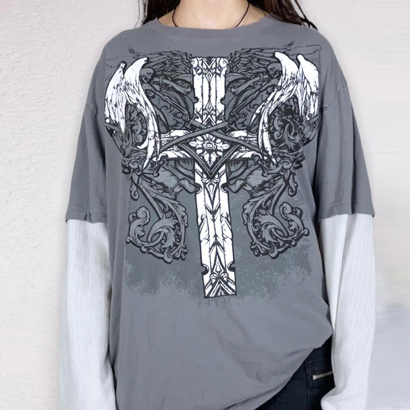 Y2K Grunge Gothic Cross Print long sleeve Tee for Women