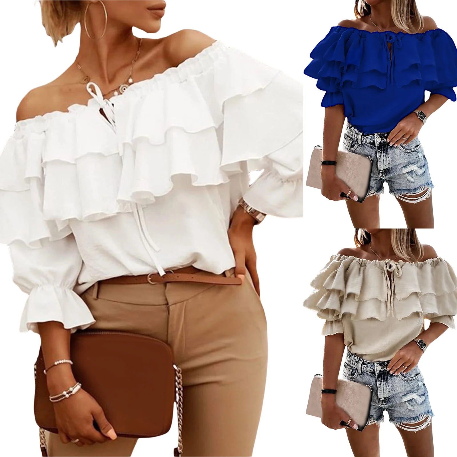 Women's Off-Shoulder Ruffle Blouse with Elastic Straps - Image 8