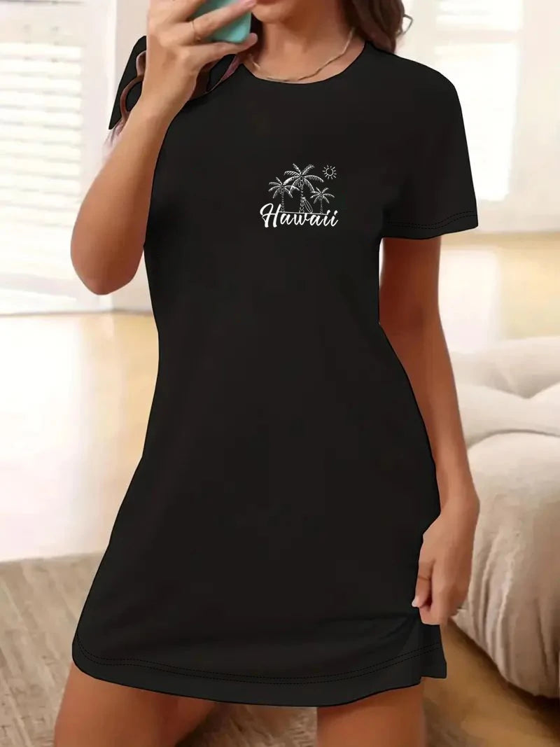 Coconut Tree Lettering Print Off-Shoulder Fashion Dress