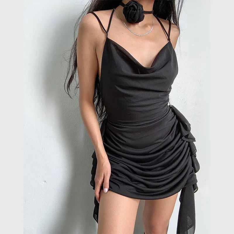 Sleeveless Floral Applique Halter Mini Dress with Ruffle Detail - Image 7