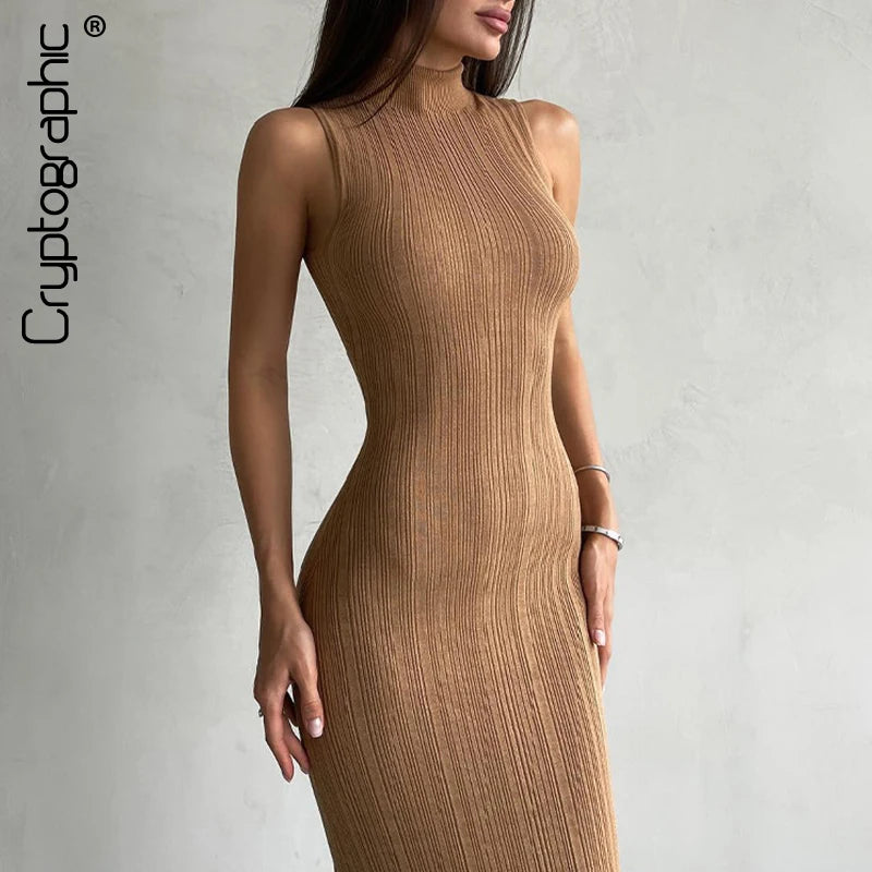 Spring Sleeveless Textured Knit Maxi Tank Dress - Women's Sexy Club Bodycon Dress