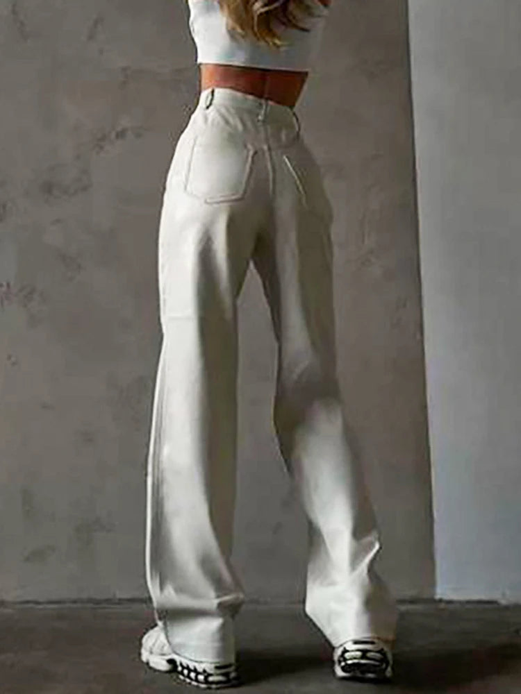 White PU Leather High Rise Streetwear Pants for Women - Image 5