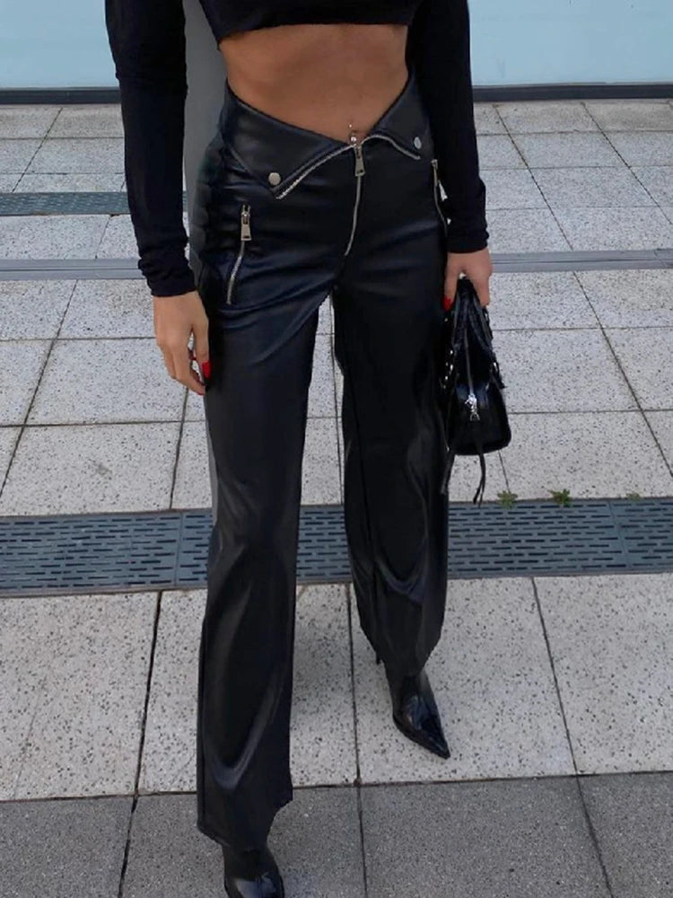 PU Leather Zip Up High Rise Party Pants for Women - Image 2