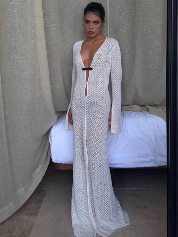 Maxi Knitted Beach Dress for Women Party Club Hollow Out - Image 3