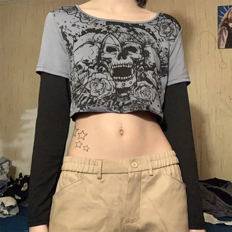 E-Girl Skulls Patchwork Long Sleeve Cropped Retro Tee