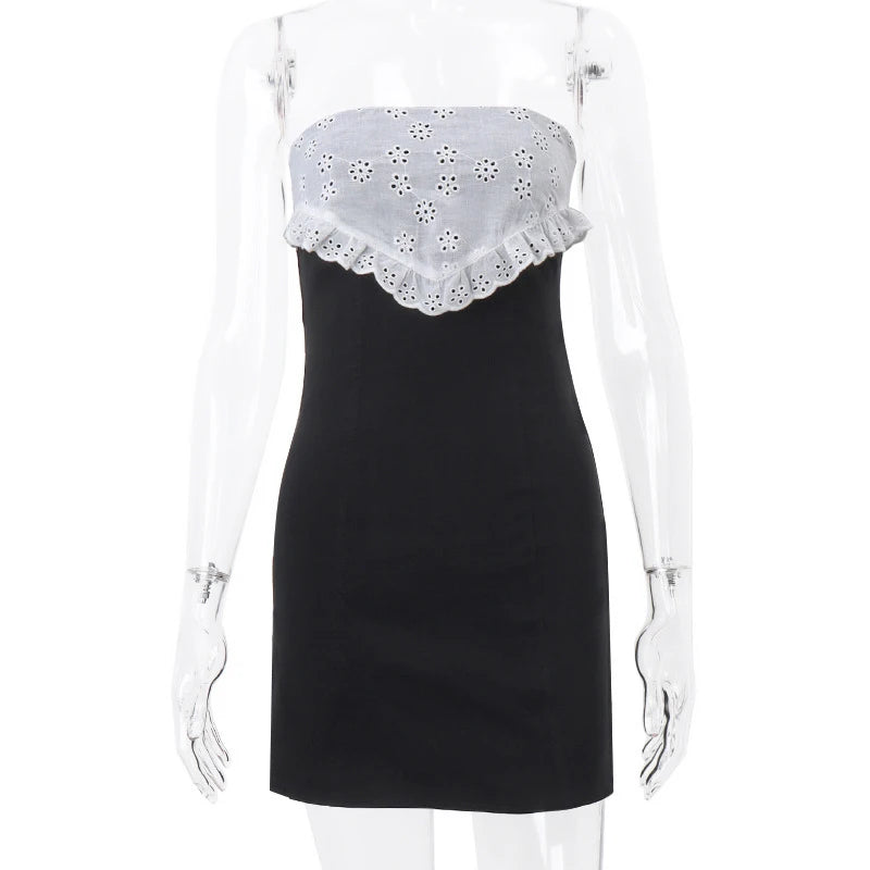 Korean Sexy Strapless Eyelet Patchwork Backless Tube Mini Dress - Image 2