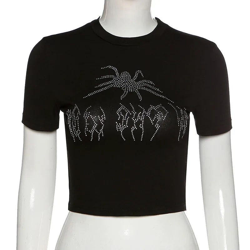 Rhinestone Spider Graphic Goth Crop Top Women's Streetwear T-Shirt - Image 7