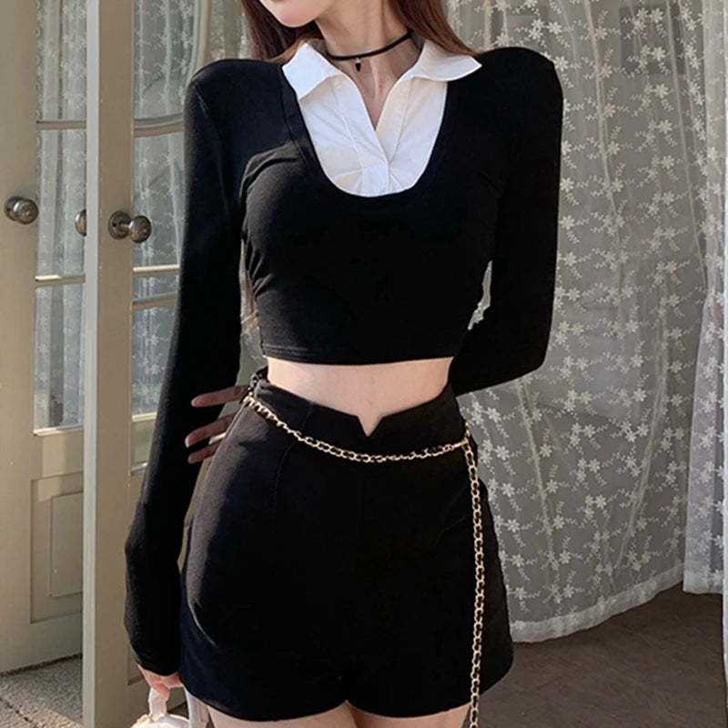 Spring Lapel Collar Crop Tops Long Sleeve Tees Blouses - Image 6