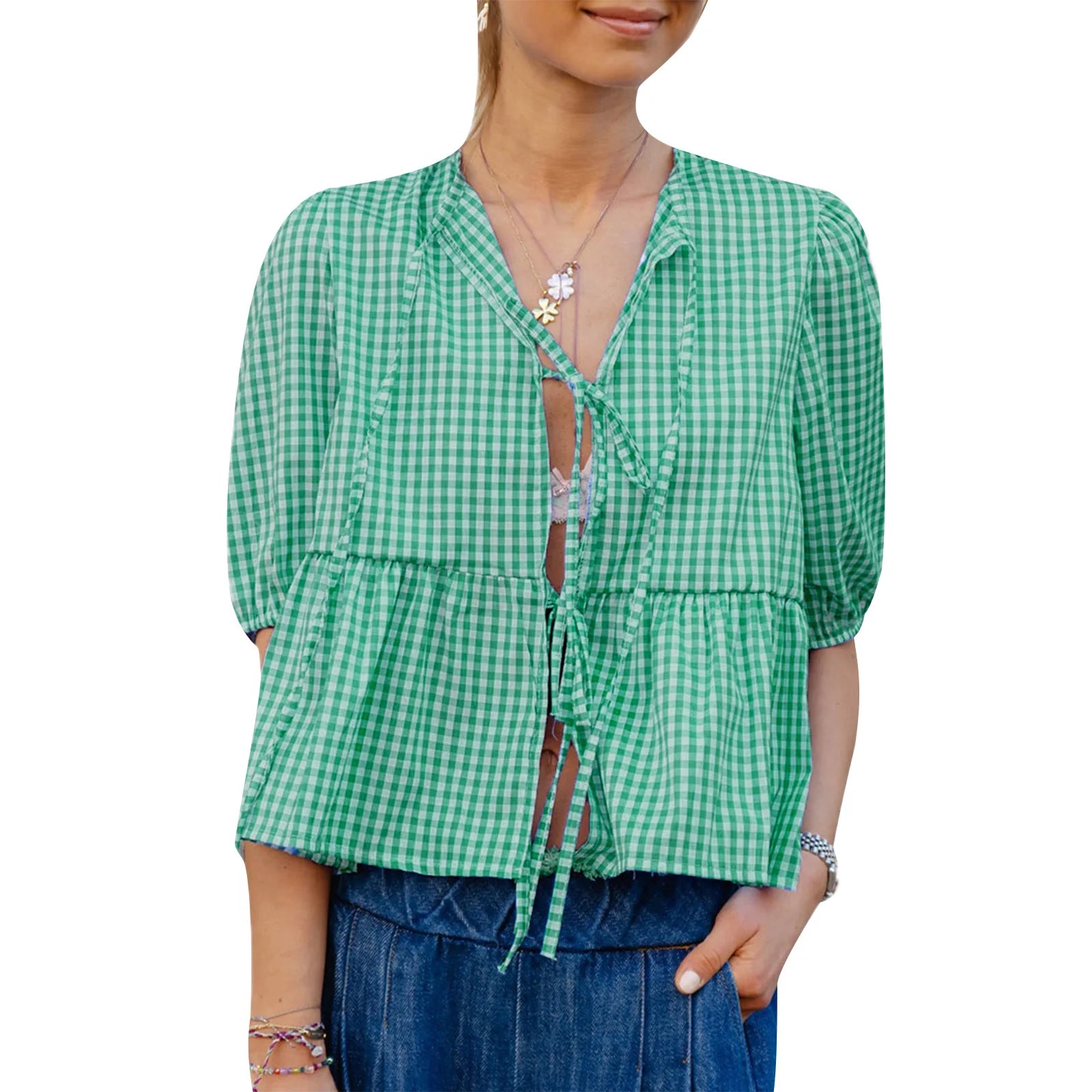 Summer Plaid Short Sleeve Women's Loose Blouse Tops - Image 11