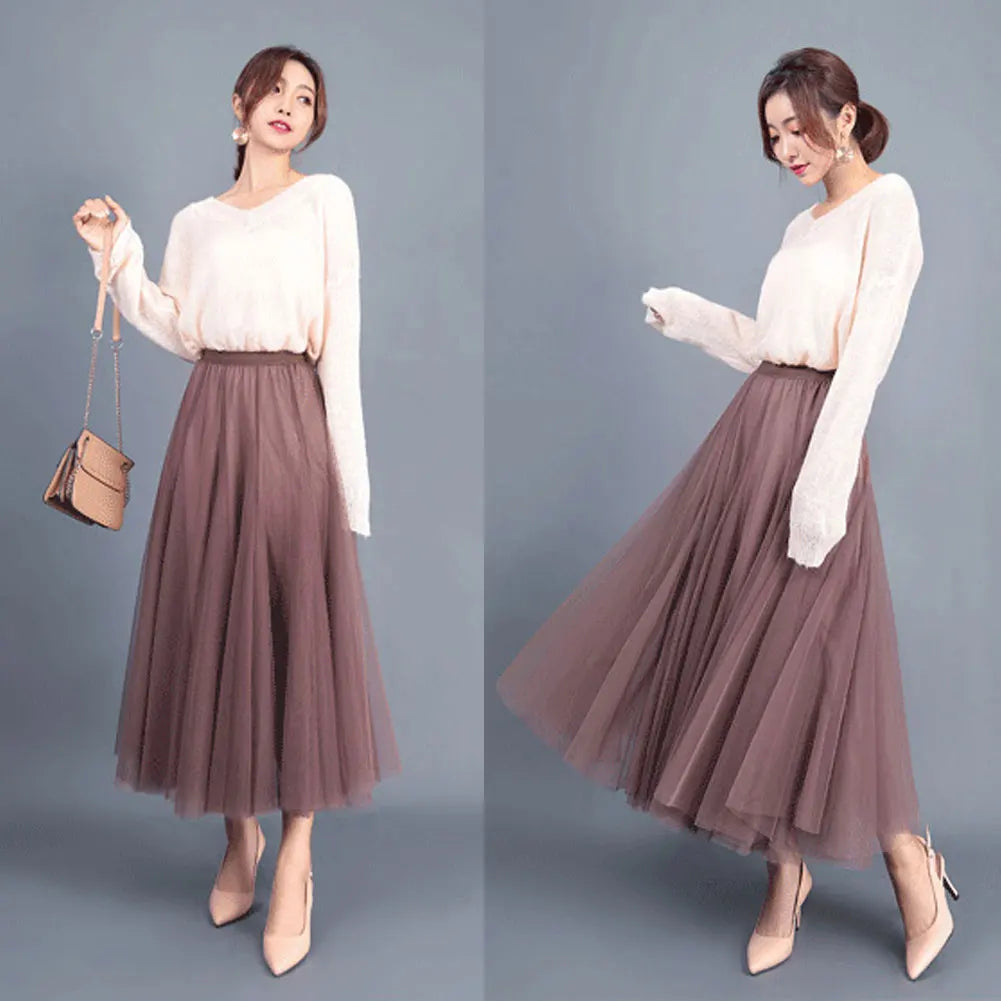 Solid Multilayer Pleated High Waist Tulle Skirt for Women