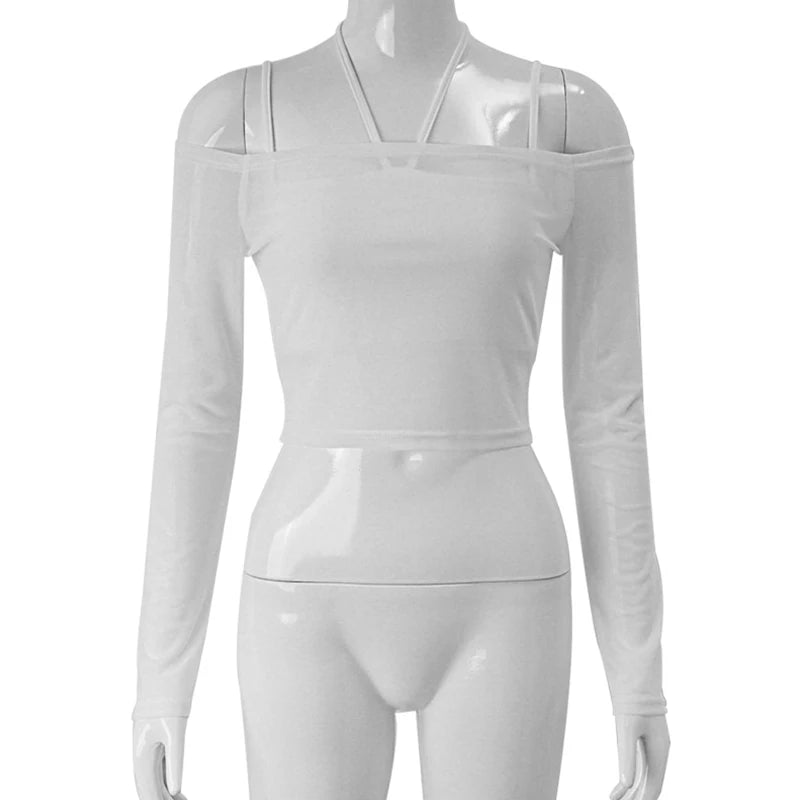 Women's Sheer Halter Crop Top and Long Sleeve Set - Image 2