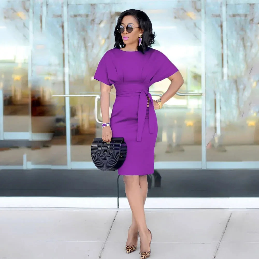 Short Sleeve Midi Dress with Belt for Cocktail Party - Image 3
