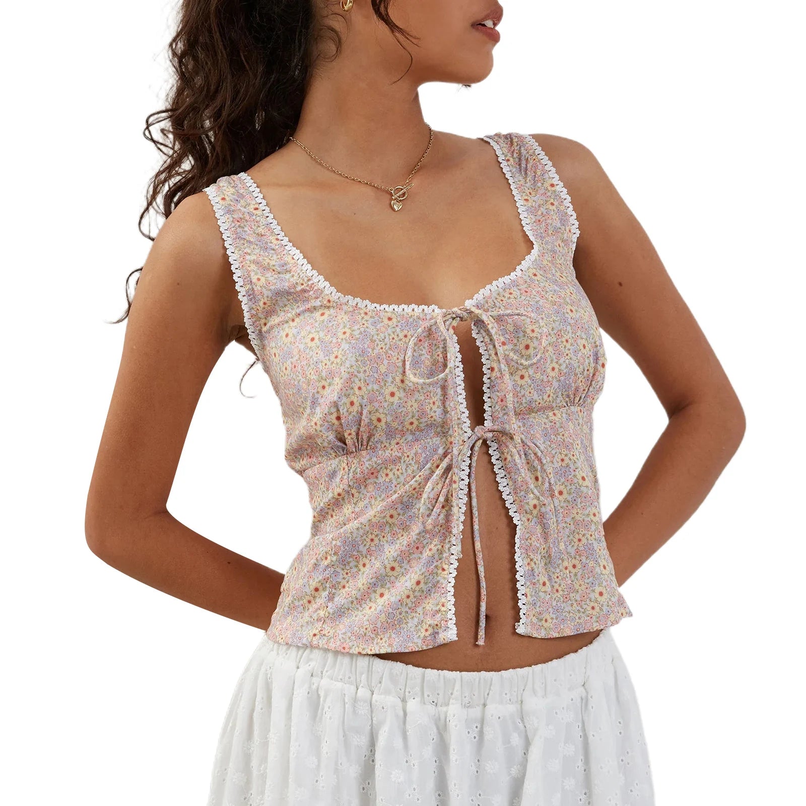 Sleeveless Floral Cami Tops with Open Back and U Neck - Image 2