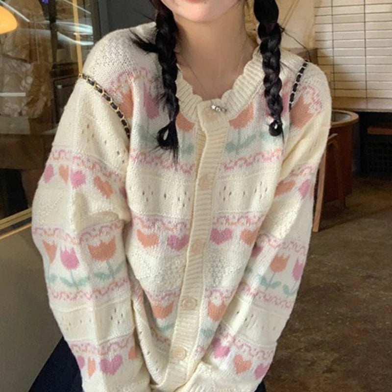 Y2K Style Sweet Floral Heart Print Knit Cardigan Sweater Coat - Image 6