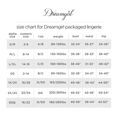 Dreamgirl size chart – Sinsins Intimates