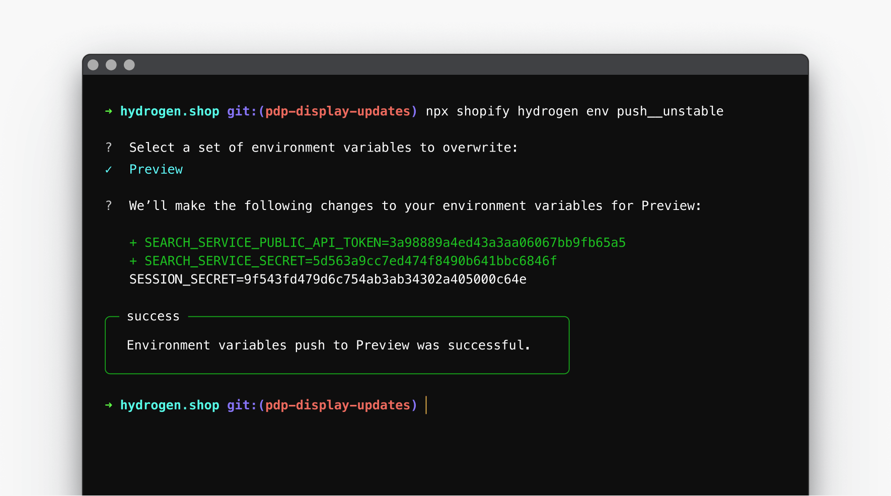 Terminal showing the Hydrogen env pull command in action.