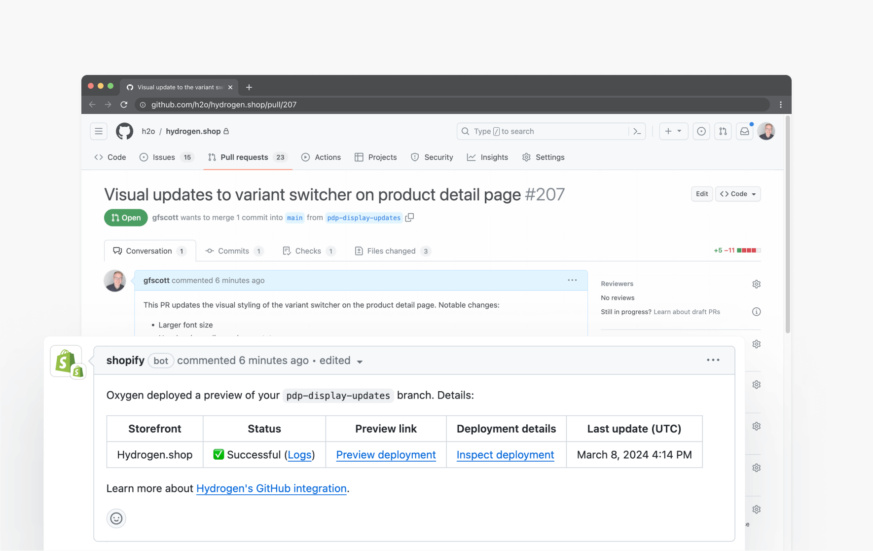 Shopify GitHub bot comment on a Hydrogen repository, showing its latest deployment details.