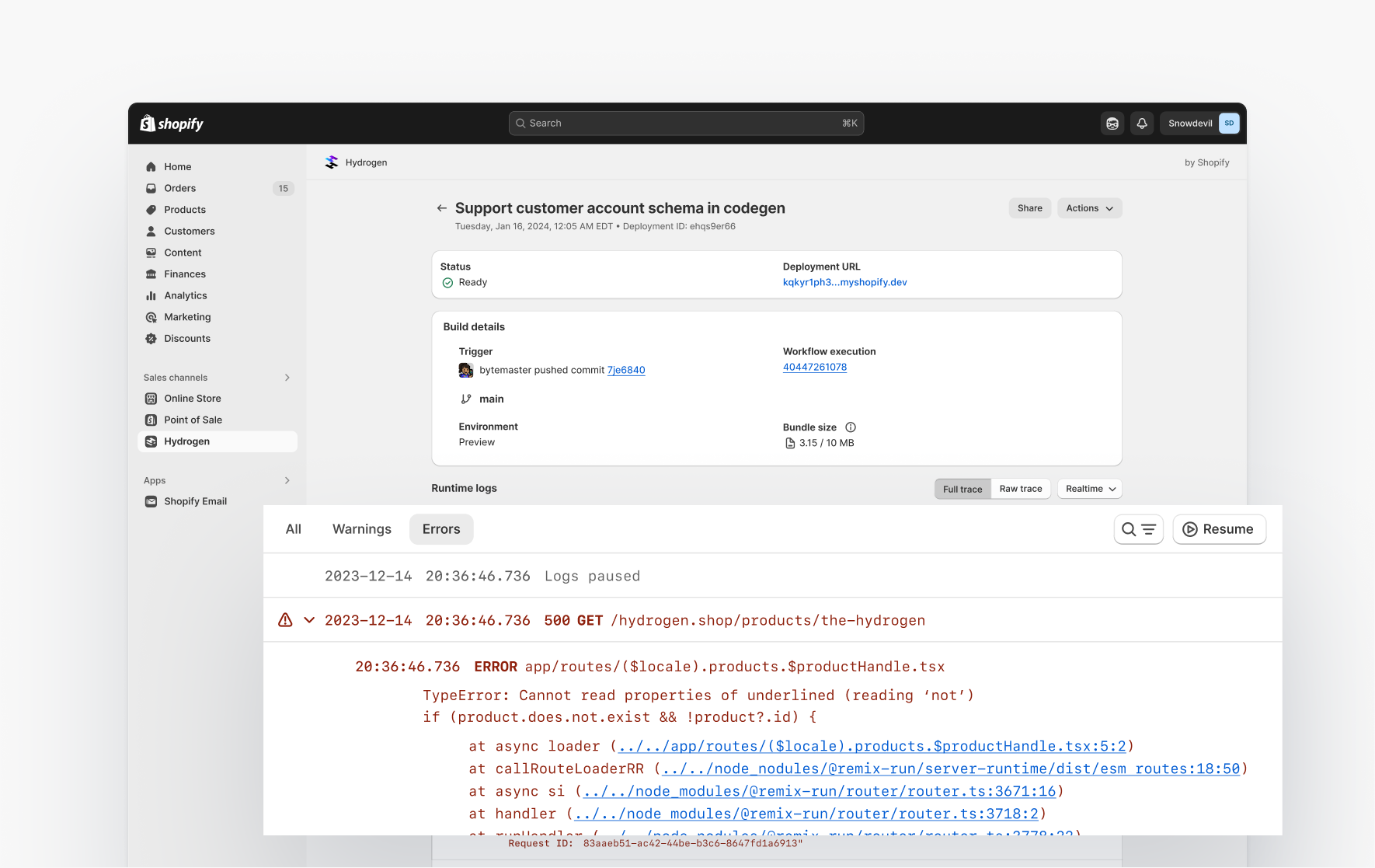 Hydrogen deployment log with stack trace