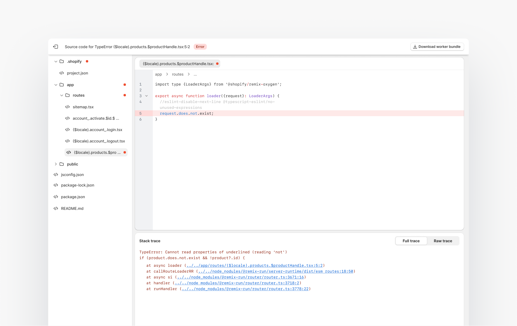 Hydrogen error console with highlighted source code