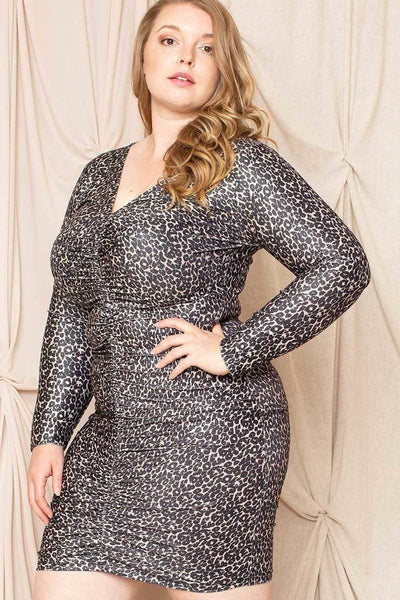 Leopard Print Shirring Plus Size Mini Dress - Absolutely Threads Boutique