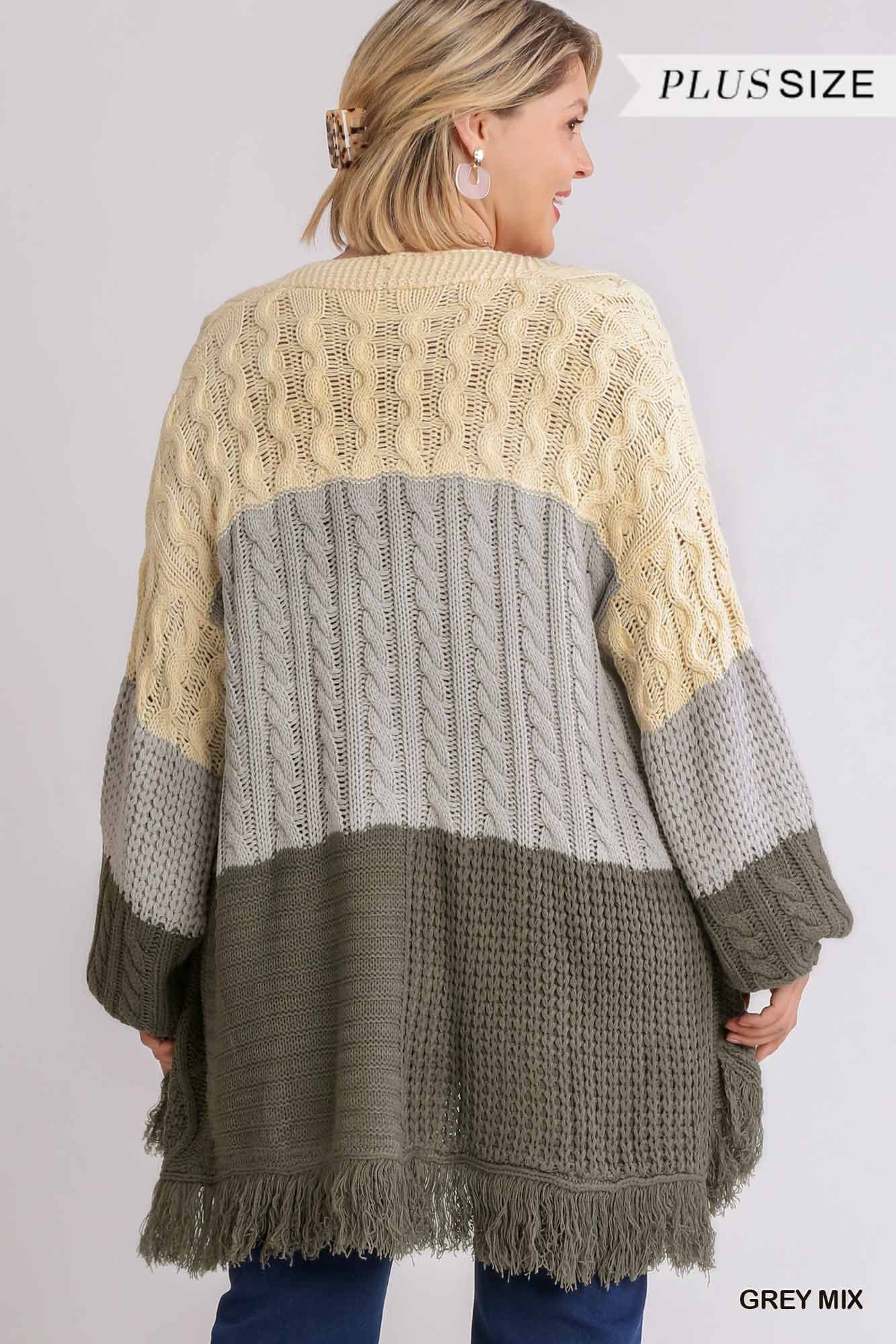 Patchwork Knitted Open Front Cardigan Sweater With Frayed Hem - Absolutely Threads Boutique
