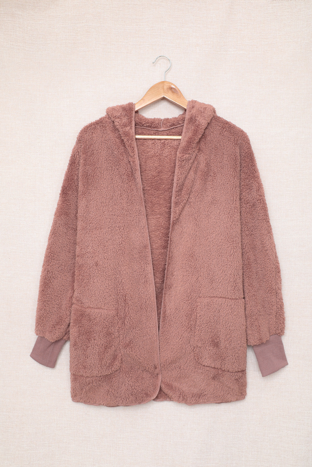 Full Size Fleece Open Front Hooded Jacket with Pockets