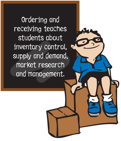 Ordering and receiving teaches students about inventory control, supply and demand, market research and management.