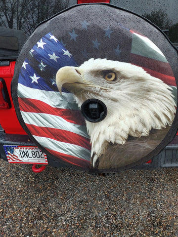 American flag Spare tire cover with a bald eagle. Design includes a back up camera.