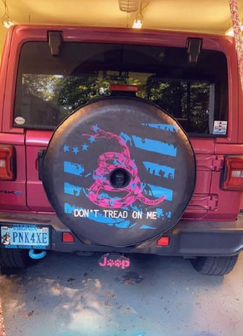 Don't tread on me in blue and pink to match the Tuscadero pink Jeep Wrangler