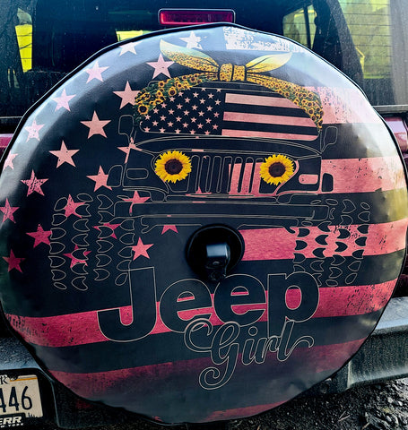 Tuscadero Pink Jeep Wrangler custom ombre spare tire cover design with American flag and Jeep image