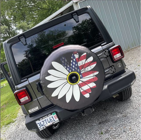 Half Daisy Half American Flag Spare Tire Cover For Jeep, Bronco, RV, Camper, etc.