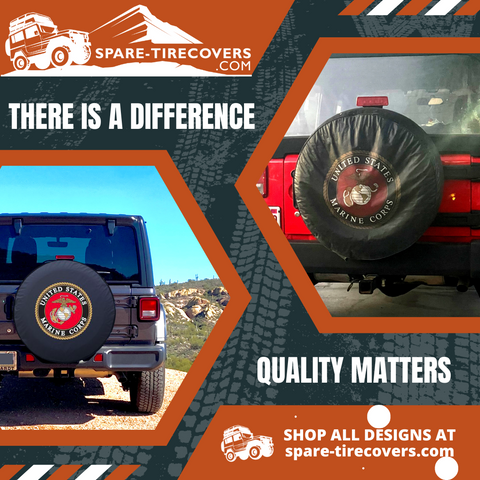 Visual graphic showing the difference between a cheap marine corps spare tire cover and a high quality marine corps spare tire cover