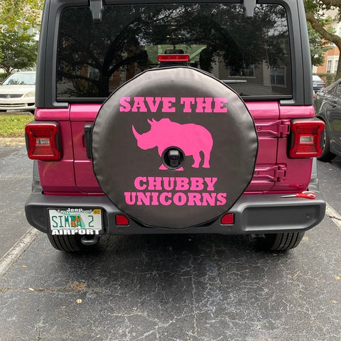 Save the chubby unicorns Tuscadero pink Jeep Wrangler spare tire cover with a rhino 