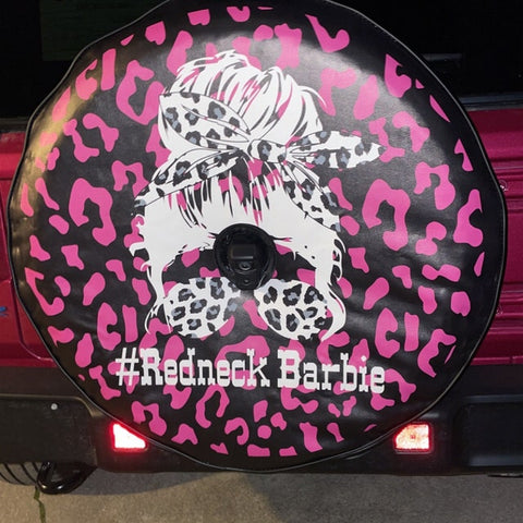 Pink leopard spare tire cover with a silhouette of a girl with a messy bun to match the Tuscadero pink Jeep Wrangler