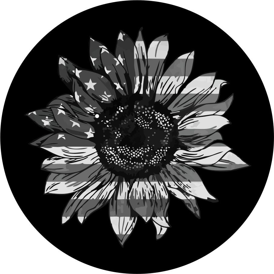 Gray Sunflower American Flag Spare Tire Cover for Jeep, RV, Bronco, &