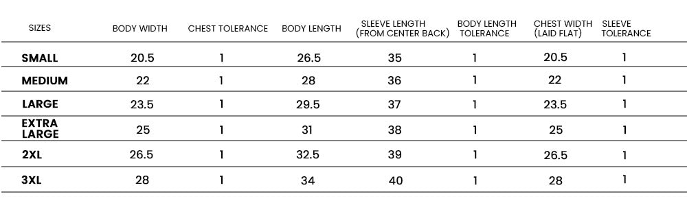 Size Chart for Sweaters