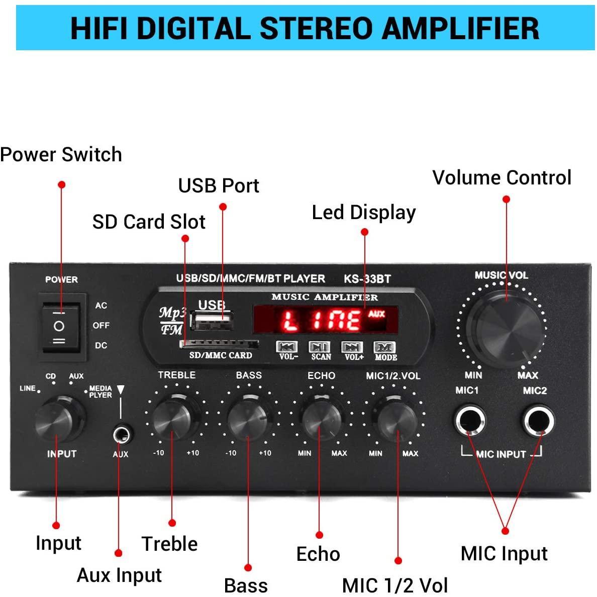 Bluetooth 50 stereoforstærkeren 60 + 60W RMS forstærker 2 mikrofonindgang digital audio karaoke