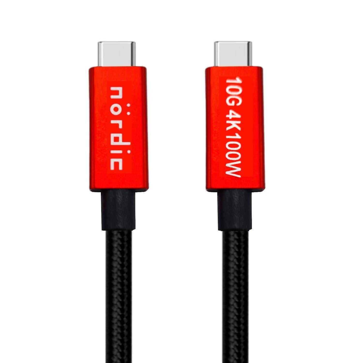 NÖRDIC 25 cm USB3.2 Gen2 SuperSpeed USB 10 Gbps USB-C til C nylon flettet kabel med strømforsyning 100W 4K60Hz video og Emarker