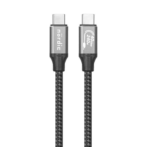 NÖRDIC 25 cm USB4 USB-C til C Nylonflettet kabel PD3.1 240W hurtigopladning 40G 8K60Hz 4K120Hz 5K60Hz 2x4K60Hz Emarker kompatibel Thunderbolt 4 og 3