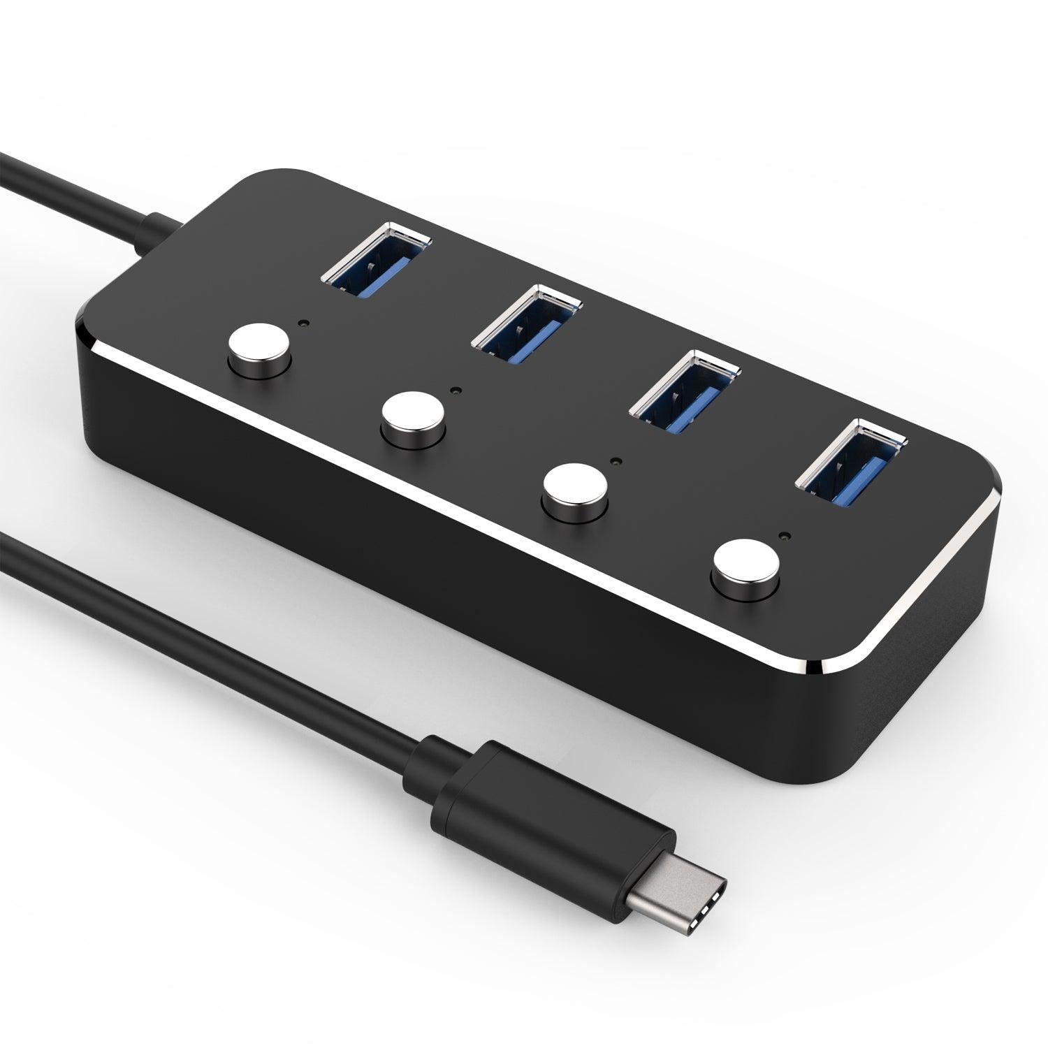 NÖRDIC 4-ports hub USB-C 3.0 5Gbps med individuel switch 25 cm kabel sort aluminium