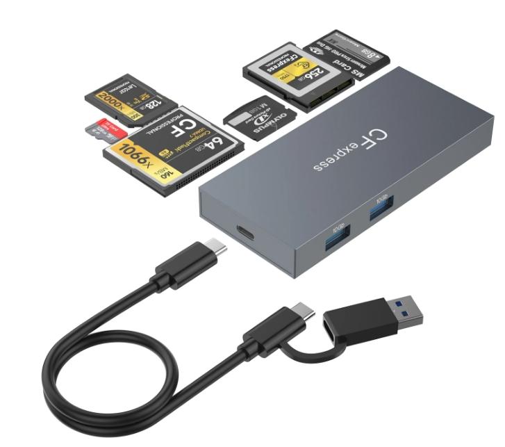 NÖRDIC 8 i 1 kortlæser USB-C/USB-A CF Express B CF/SD/XD/TF/MS UHS-1 2TB + 2xUSB-A 10Gbps