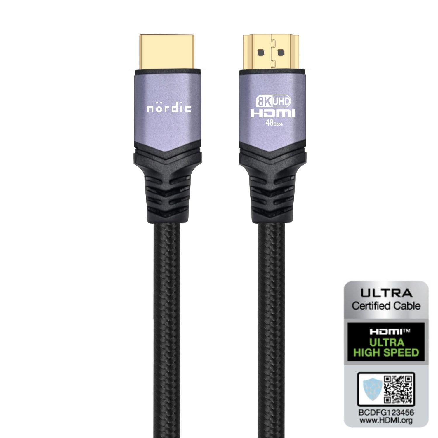 NÖRDIC CERTIFIED CABLES 15m Ultra High Speed HDMI 2.1 8K 60Hz 4K 120Hz 48Gbps Dynamic HDR eARC Game Mode VRR Dolby ATMOS Nylonflettet guldbelagt