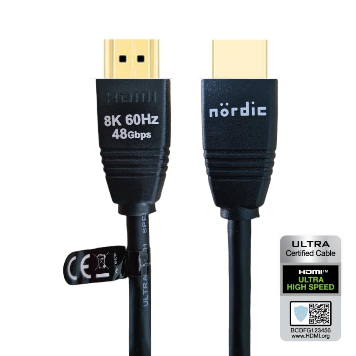 NÖRDIC CERTIFIED CABLES 5m Ultra High Speed HDMI2.1 8K 60Hz 4K 120Hz 144Hz 48Gbps Dynamic HDR eARC Game Mode VRR Dolby ATMOS guldbelagt PVC sort