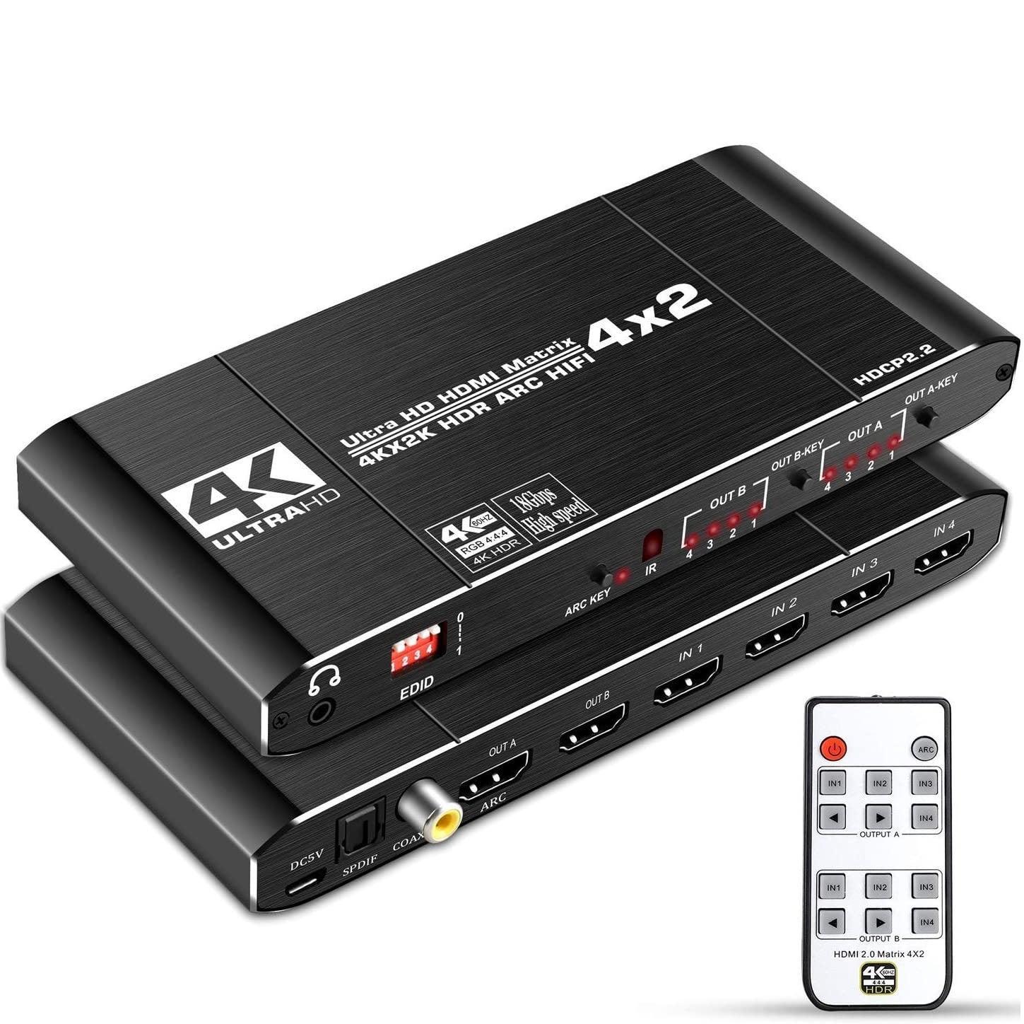 NÖRDIC HDMI Matrix Switch 4 på 2 med lyd emhætte og ARC i 4Kx2K 60Hz YUV 4: 4: 4 18Gbps HDCP 2.2 5.1 surround Metal