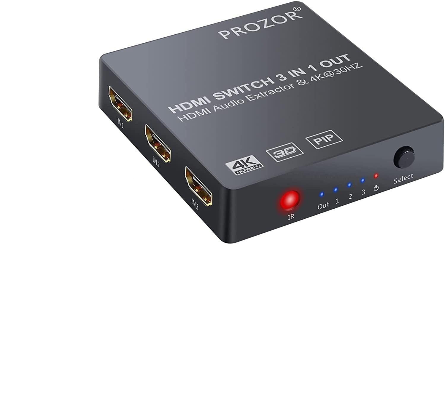NÖRDIC HDMI switch 3 til 1 4K30Hz 3D PIP med audio extractor 1xOptisk toslink 1x stereo 35mm