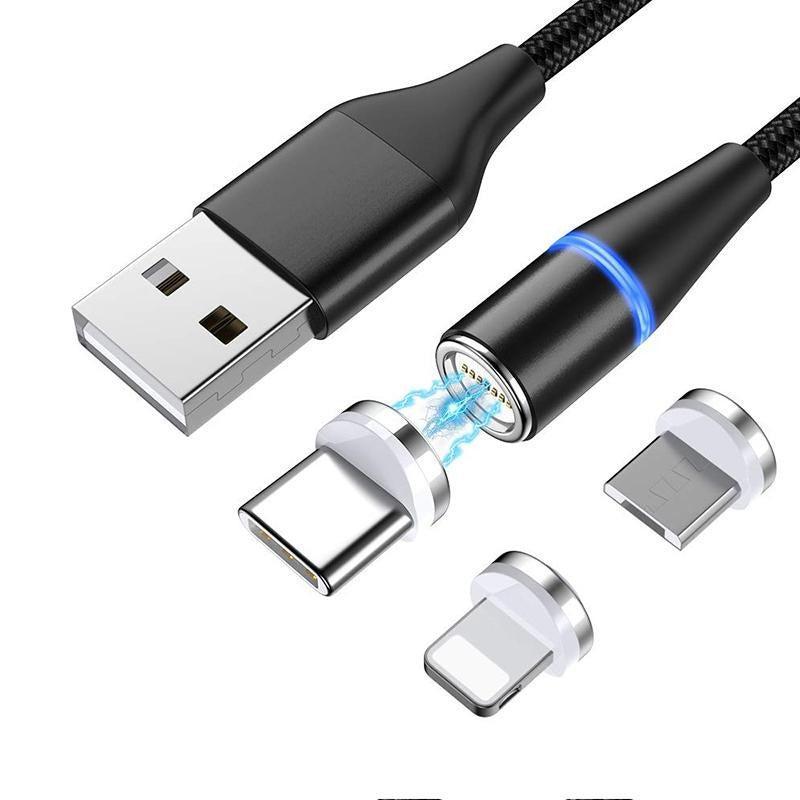 NÖRDIC USB2.0 Magnetisk kabel 3i1 Lightning (Ikke MFI) USB-C Micro USB 1m3A sort