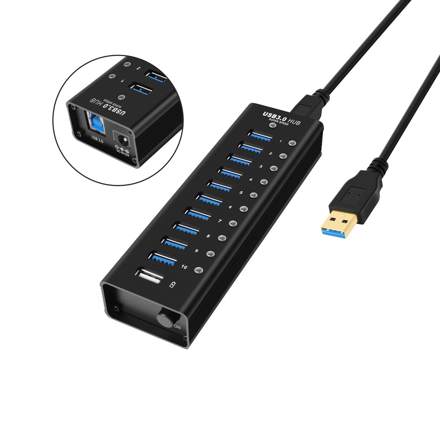 NÖRDIC strømforsynet 11-ports USB 3.0 HUB med individuel switch 5 Gbps 12 mm kabel aluminium sort med strømforsyning