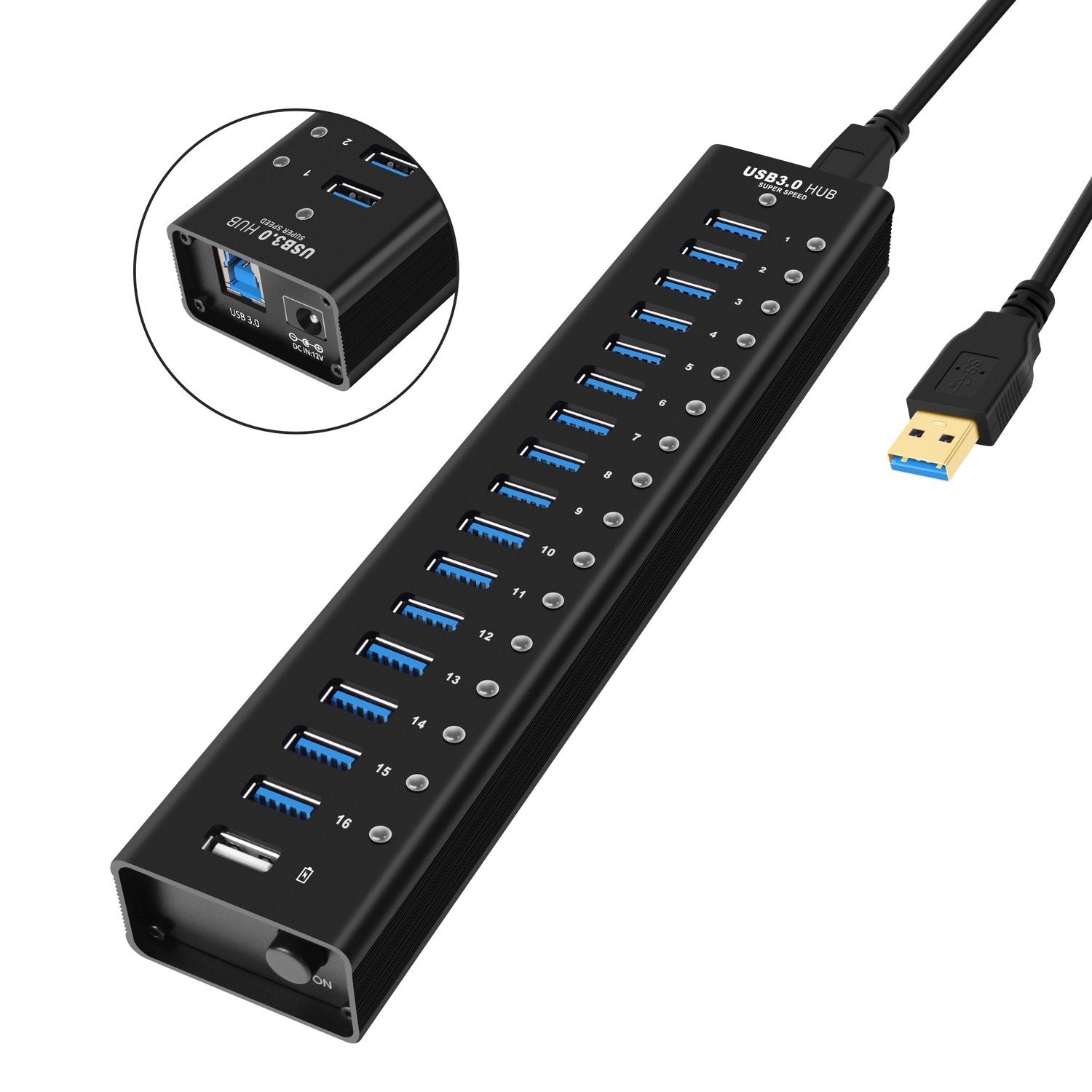 NÖRDIC strømforsynet 17-ports USB 3.0 HUB med individuel switch 5 Gbps 12 mm kabel aluminium sort med strømforsyning