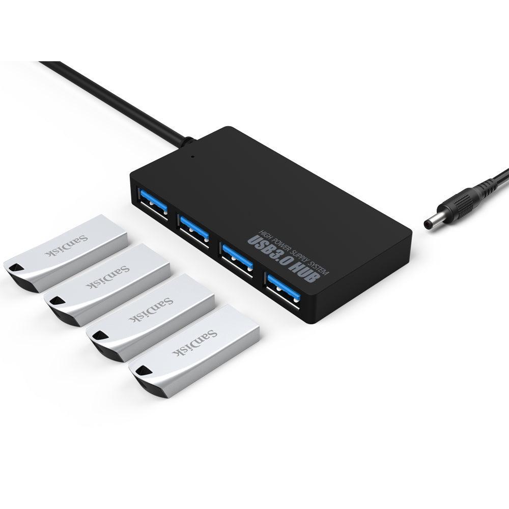 NÖRDIC strømforsynet 4-ports hub USB 3.0 5Gbps med individuel switch 25 cm kabel aluminium sort med strømforsyning